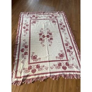 Vintage Cream and Pink Reversible throw/ Tapestry with fringe. Hearts 49 X 57